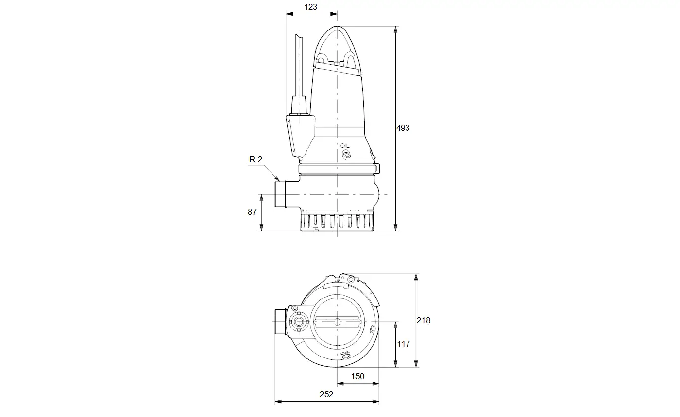 Grauguss-Tauchmotorpumpe mit gerundeter Bauform, Anschluss und Befestigungselementen sichtbar. Produkt von Grundfos, in technischer Zeichnung dargestellt.